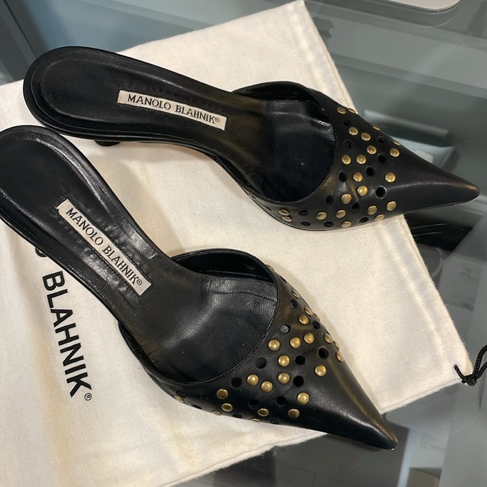 Manolo Blahnik studded mules kitten heel